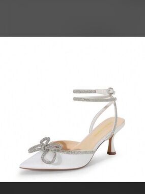 White Pointed-Toe Ankle-Strap Pumps with Crystal Bow